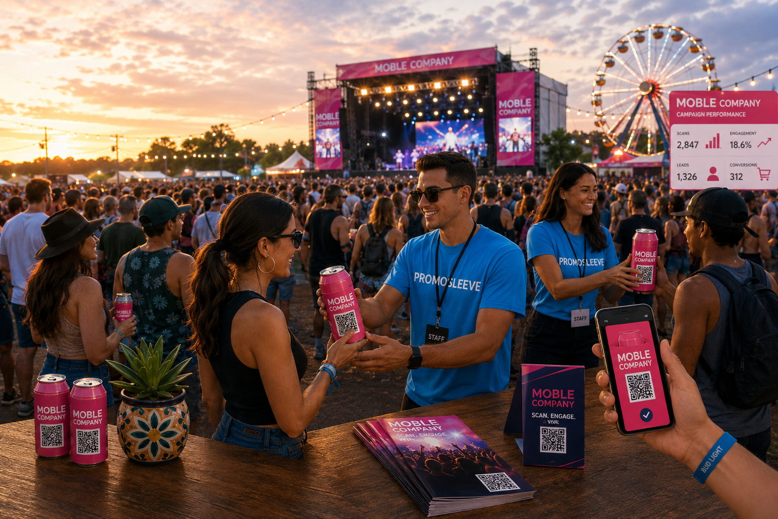 Promo reps deploying branded PromoSleeve products at a festival